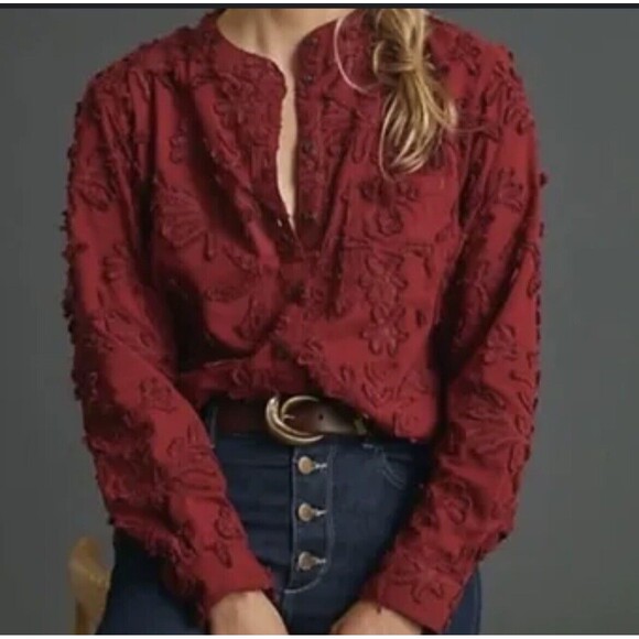 Anthropologie Pilcro Medium  Red Whitney Chenille Textured Floral Button Up - Picture 2 of 12
